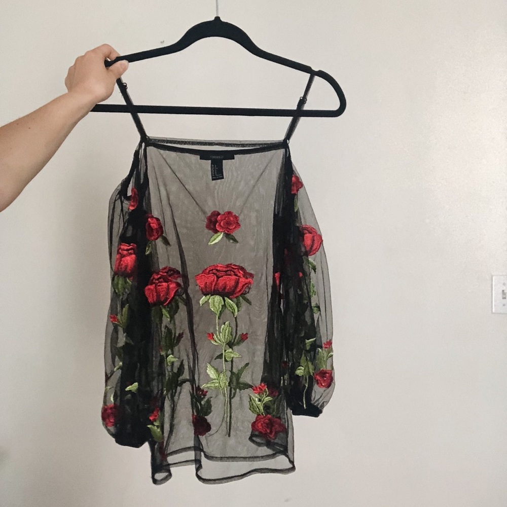 Rose embroidered off the shoulder blouse